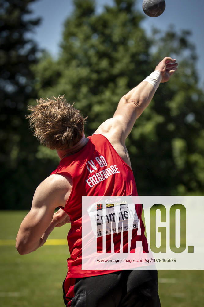 MANNHEIM, GERMANY - JUNE 13, 2026 : Max Louis Emmrich (GER LV 90 Erzgebirge) competing in the men’s U20 shot put during the Juniorengala 2026 at Michael-Hoffmann-Stadion on June 13, 2026 in Mannheim, Germany. Baden-Wuerttemberg Germany