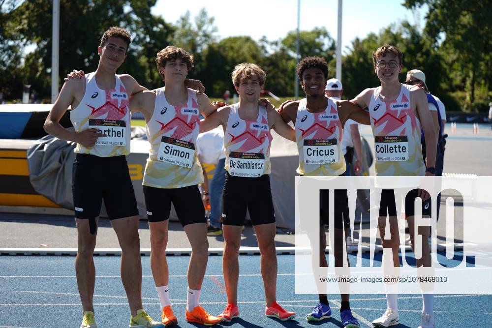 Five athletes pose together on the tartan track of the Michael Hoffmann Stadium in Mannheim at the 32 Brauhaus Junior Gala Meeting The starting numbers show the names Barthel, Simon, De Samblancx, Cricus and Collette Barthel, Simon, De Samblancx, Cricus and Collette at the Junior Gala Mannheim