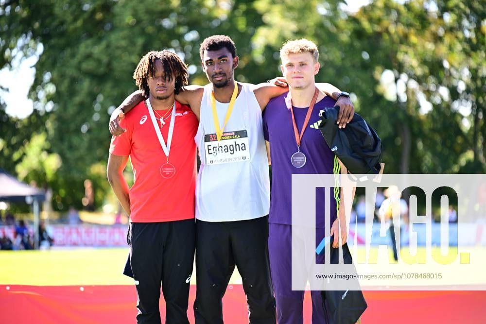 Akira Eghagha center, 312, Switzerland poses with gold medal and bib number at the award ceremony of the Junior Gala Mannheim 2024, flanked by Bright Otiora left, silver and Jakob Kemminer right, bronze Akira Eghagha, Bright Otiora and Jakob Kemminer at the award ceremony in Mannheim