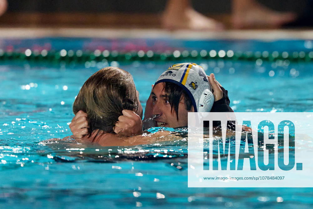 Marc Alls Ferrer (right) of Zodiac CNAB celebrates with a teammate after winning the European Aquatics Mens Water polo, Wasserball Champions League gold‘medal match against Pro Recco at the National Pool, Tal‘Qroqq, Malta, on 13 June 2026. Zodiac CNAB v Pro Recco - Mens Water Polo Men Champions League 2026 Final; EA_CL_2026_MLT