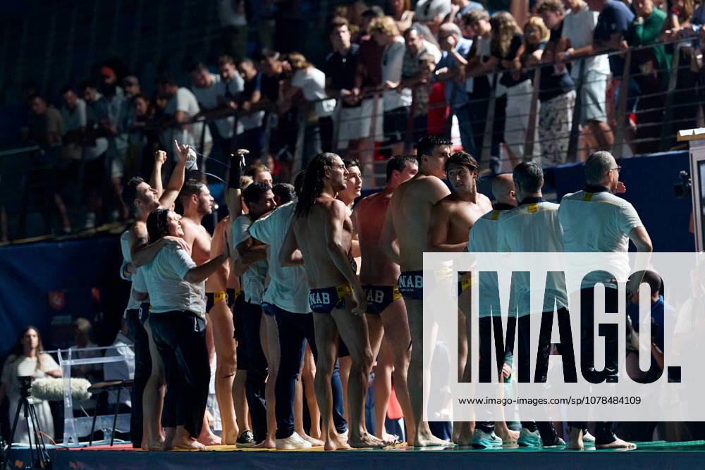Zodiac CNAB players celebrate after winning the European Aquatics Mens Water polo, Wasserball Champions League gold‘medal match against Pro Recco at the National Pool, Tal‘Qroqq, Malta, on 13 June 2026. Zodiac CNAB v Pro Recco - Mens Water Polo Men Champions League 2026 Final; EA_CL_2026_MLT