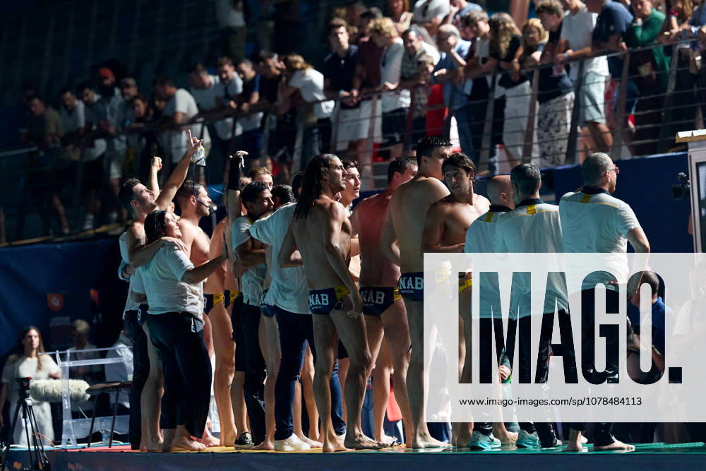 Zodiac CNAB players celebrate after winning the European Aquatics Mens Water polo, Wasserball Champions League gold‘medal match against Pro Recco at the National Pool, Tal‘Qroqq, Malta, on 13 June 2026. Zodiac CNAB v Pro Recco - Mens Water Polo Men Champions League 2026 Final; EA_CL_2026_MLT