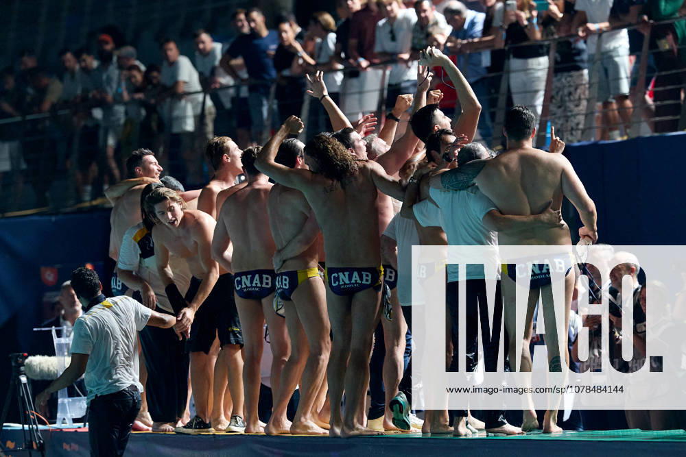 Zodiac CNAB players celebrate after winning the European Aquatics Mens Water polo, Wasserball Champions League gold‘medal match against Pro Recco at the National Pool, Tal‘Qroqq, Malta, on 13 June 2026. Zodiac CNAB v Pro Recco - Mens Water Polo Men Champions League 2026 Final; EA_CL_2026_MLT