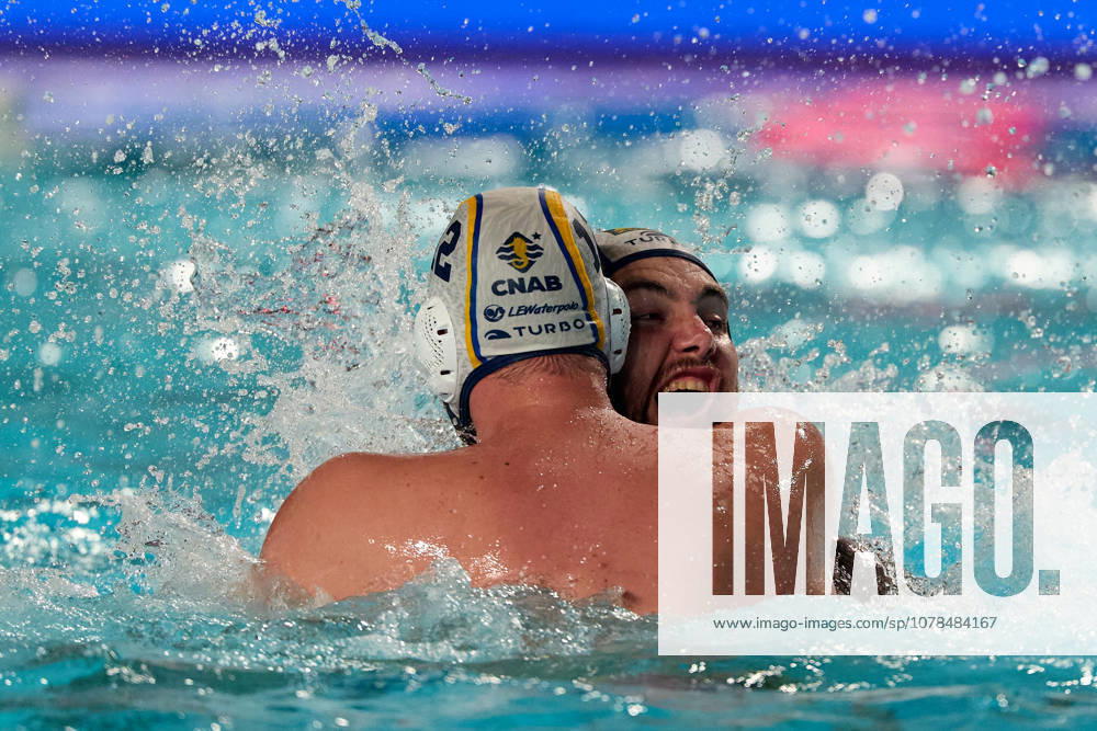 Alejandro Bustos Sanchez (left) of Zodiac CNAB reacts in celebration with a team-mate after winning the European Aquatics Mens Water polo, Wasserball Champions League gold‘medal match against Pro Recco at the National Pool, Tal‘Qroqq, Malta, on 13 June 2026. Zodiac CNAB v Pro Recco - Mens Water Polo Men Champions League 2026 Final; EA_CL_2026_MLT