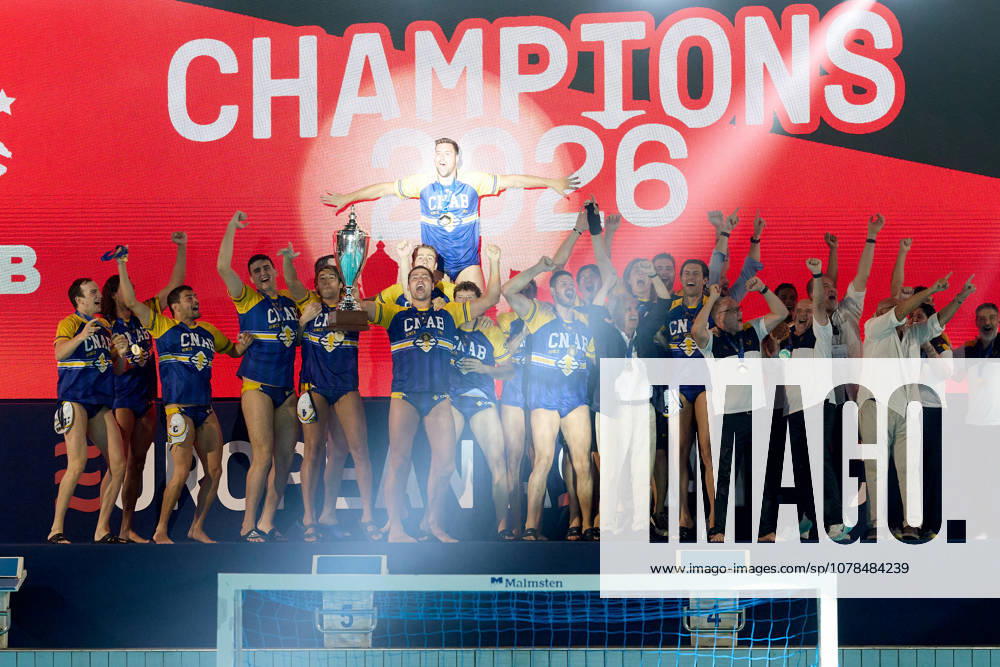 Zodiac CNAB players and staf react in celebration after winning the European Aquatics Mens Water polo, Wasserball Champions League gold‘medal match against Pro Recco at the National Pool, Tal‘Qroqq, Malta, on 13 June 2026. Zodiac CNAB v Pro Recco - Mens Water Polo Men Champions League 2026 Final; EA_CL_2026_MLT