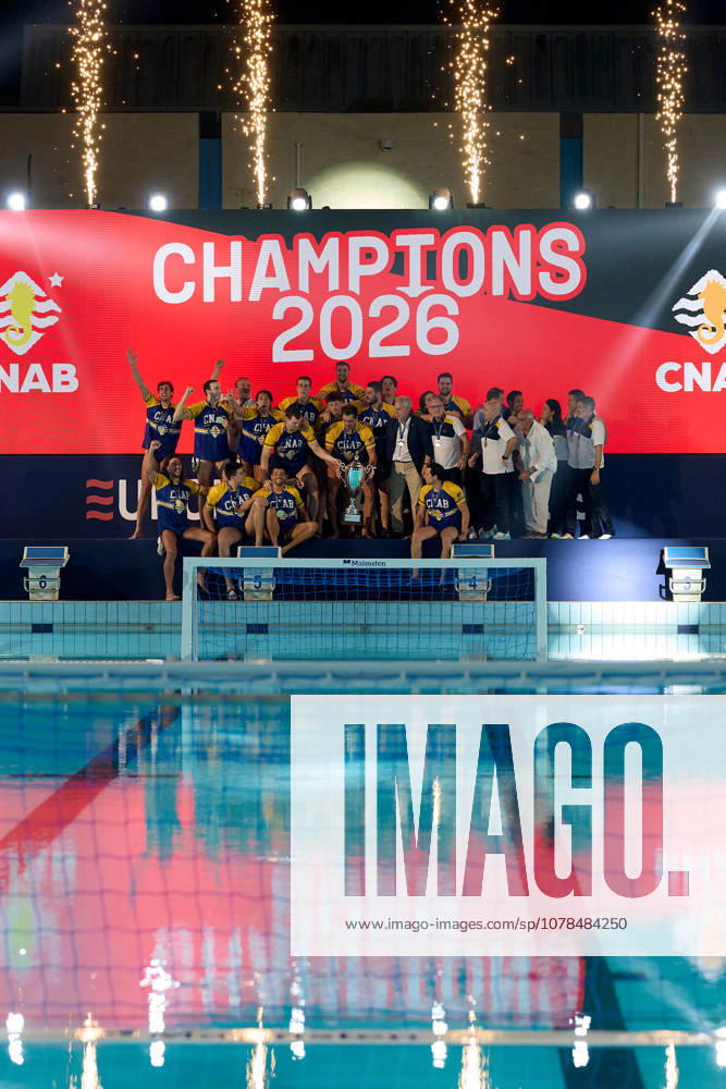 Zodiac CNAB players and staf react in celebration after winning the European Aquatics Mens Water polo, Wasserball Champions League gold‘medal match against Pro Recco at the National Pool, Tal‘Qroqq, Malta, on 13 June 2026. Zodiac CNAB v Pro Recco - Mens Water Polo Men Champions League 2026 Final; EA_CL_2026_MLT