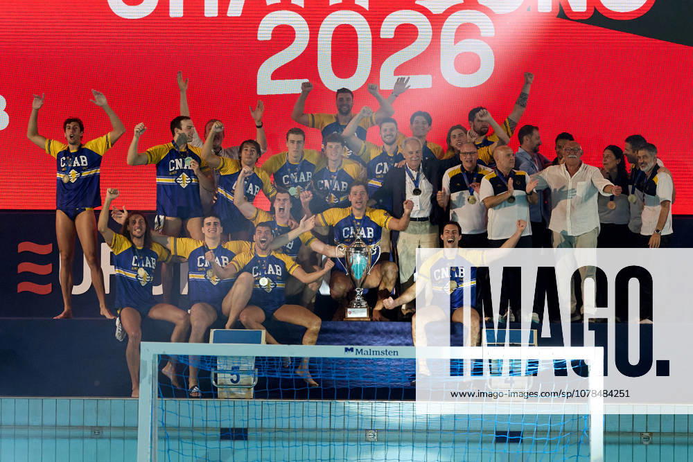 Zodiac CNAB players and staf react in celebration after winning the European Aquatics Mens Water polo, Wasserball Champions League gold‘medal match against Pro Recco at the National Pool, Tal‘Qroqq, Malta, on 13 June 2026. Zodiac CNAB v Pro Recco - Mens Water Polo Men Champions League 2026 Final; EA_CL_2026_MLT