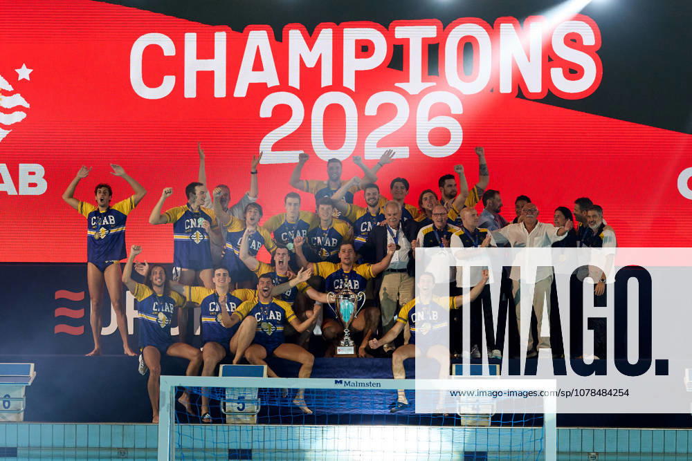 Zodiac CNAB players and staf react in celebration after winning the European Aquatics Mens Water polo, Wasserball Champions League gold‘medal match against Pro Recco at the National Pool, Tal‘Qroqq, Malta, on 13 June 2026. Zodiac CNAB v Pro Recco - Mens Water Polo Men Champions League 2026 Final; EA_CL_2026_MLT
