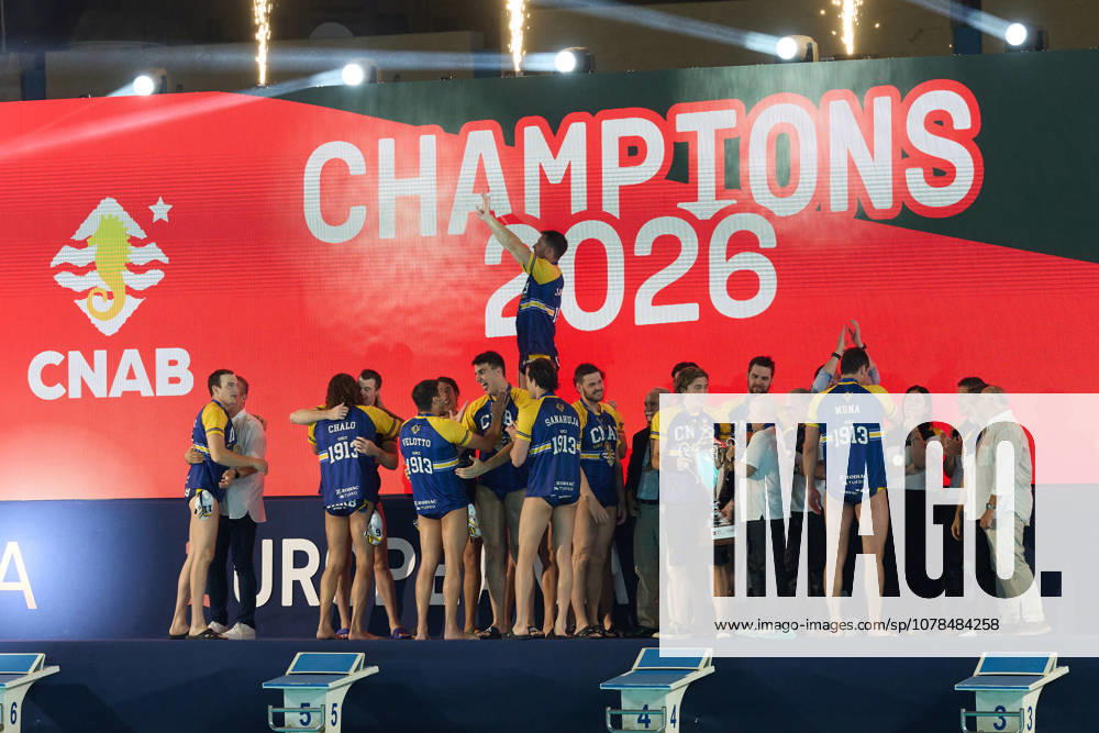 Zodiac CNAB players and staf react in celebration after winning the European Aquatics Mens Water polo, Wasserball Champions League gold‘medal match against Pro Recco at the National Pool, Tal‘Qroqq, Malta, on 13 June 2026. Zodiac CNAB v Pro Recco - Mens Water Polo Men Champions League 2026 Final; EA_CL_2026_MLT