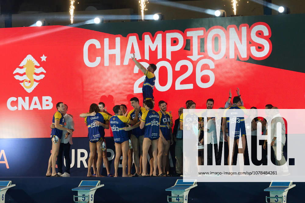 Zodiac CNAB players and staf react in celebration after winning the European Aquatics Mens Water polo, Wasserball Champions League gold‘medal match against Pro Recco at the National Pool, Tal‘Qroqq, Malta, on 13 June 2026. Zodiac CNAB v Pro Recco - Mens Water Polo Men Champions League 2026 Final; EA_CL_2026_MLT