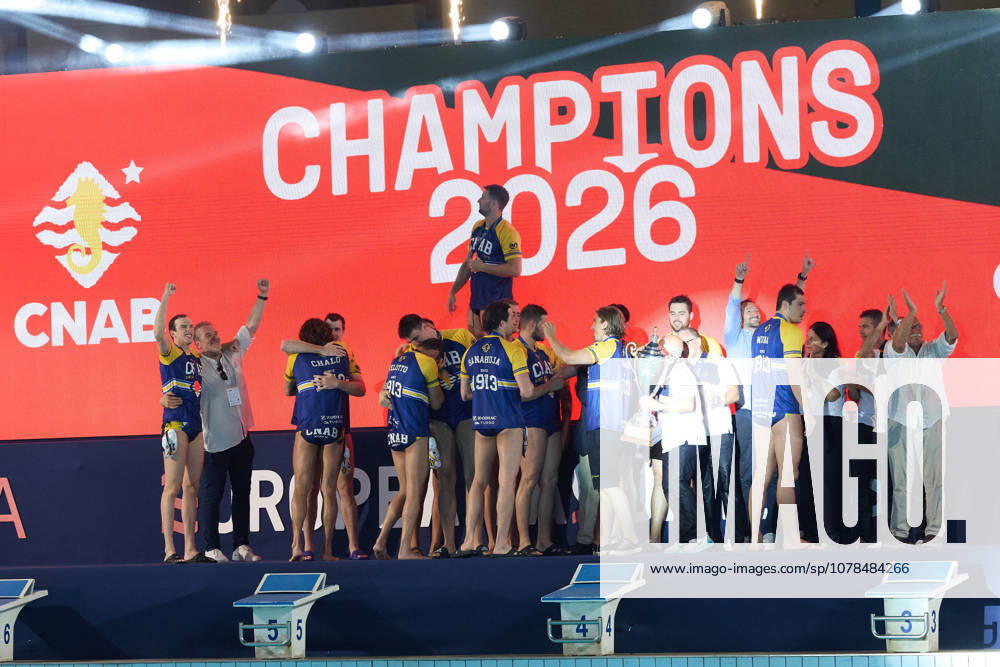 Zodiac CNAB players and staf react in celebration after winning the European Aquatics Mens Water polo, Wasserball Champions League gold‘medal match against Pro Recco at the National Pool, Tal‘Qroqq, Malta, on 13 June 2026. Zodiac CNAB v Pro Recco - Mens Water Polo Men Champions League 2026 Final; EA_CL_2026_MLT