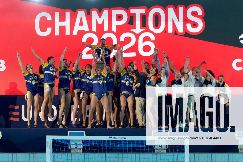 Zodiac CNAB players and staff react in celebration after winning the European Aquatics Mens Water polo, Wasserball Champions League gold‘medal match against Pro Recco at the National Pool, Tal‘Qroqq, Malta, on 13 June 2026. Zodiac CNAB v Pro Recco - Mens Water Polo Men Champions League 2026 Final; EA_CL_2026_MLT