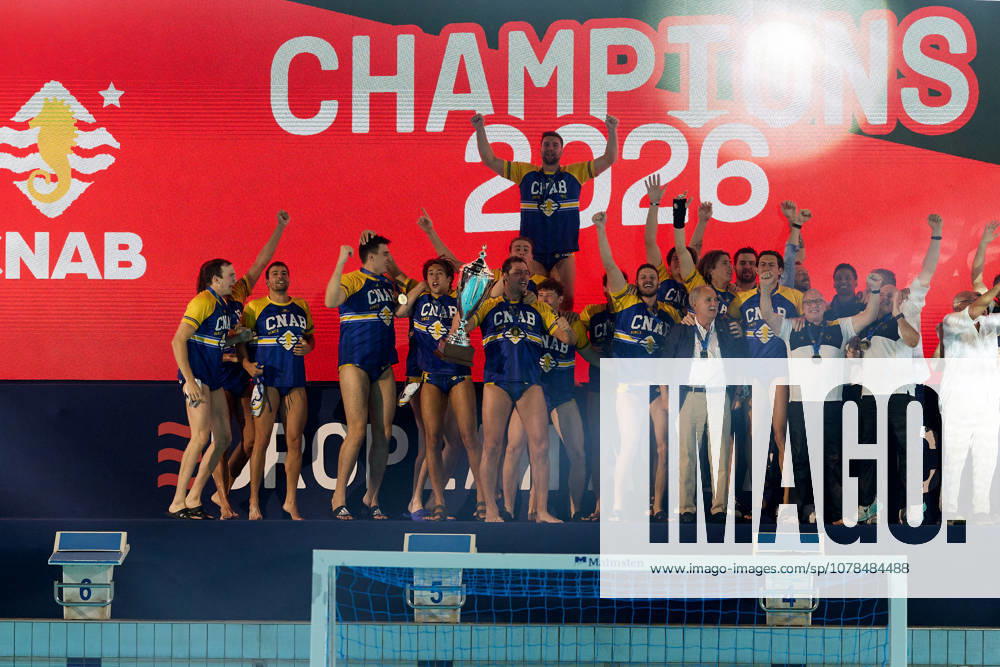 Zodiac CNAB players and staff react in celebration after winning the European Aquatics Mens Water polo, Wasserball Champions League gold‘medal match against Pro Recco at the National Pool, Tal‘Qroqq, Malta, on 13 June 2026. Zodiac CNAB v Pro Recco - Mens Water Polo Men Champions League 2026 Final; EA_CL_2026_MLT