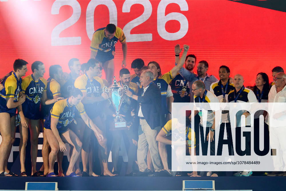 Zodiac CNAB players and staff react in celebration after winning the European Aquatics Mens Water polo, Wasserball Champions League gold‘medal match against Pro Recco at the National Pool, Tal‘Qroqq, Malta, on 13 June 2026. Zodiac CNAB v Pro Recco - Mens Water Polo Men Champions League 2026 Final; EA_CL_2026_MLT