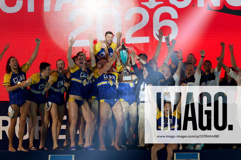 Zodiac CNAB players and staff react in celebration after winning the European Aquatics Mens Water polo, Wasserball Champions League gold‘medal match against Pro Recco at the National Pool, Tal‘Qroqq, Malta, on 13 June 2026. Zodiac CNAB v Pro Recco - Mens Water Polo Men Champions League 2026 Final; EA_CL_2026_MLT