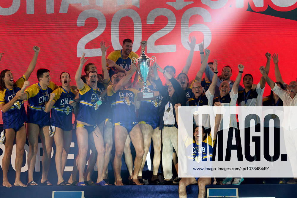 Zodiac CNAB players and staff react in celebration after winning the European Aquatics Mens Water polo, Wasserball Champions League gold‘medal match against Pro Recco at the National Pool, Tal‘Qroqq, Malta, on 13 June 2026. Zodiac CNAB v Pro Recco - Mens Water Polo Men Champions League 2026 Final; EA_CL_2026_MLT