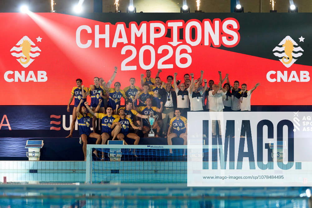 Zodiac CNAB players and staff react in celebration after winning the European Aquatics Mens Water polo, Wasserball Champions League gold‘medal match against Pro Recco at the National Pool, Tal‘Qroqq, Malta, on 13 June 2026. Zodiac CNAB v Pro Recco - Mens Water Polo Men Champions League 2026 Final; EA_CL_2026_MLT