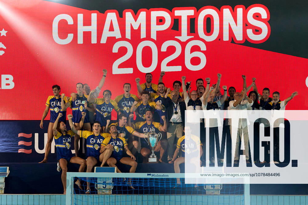 Zodiac CNAB players and staff react in celebration after winning the European Aquatics Mens Water polo, Wasserball Champions League gold‘medal match against Pro Recco at the National Pool, Tal‘Qroqq, Malta, on 13 June 2026. Zodiac CNAB v Pro Recco - Mens Water Polo Men Champions League 2026 Final; EA_CL_2026_MLT