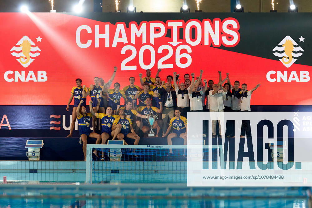 Zodiac CNAB players and staff react in celebration after winning the European Aquatics Mens Water polo, Wasserball Champions League gold‘medal match against Pro Recco at the National Pool, Tal‘Qroqq, Malta, on 13 June 2026. Zodiac CNAB v Pro Recco - Mens Water Polo Men Champions League 2026 Final; EA_CL_2026_MLT