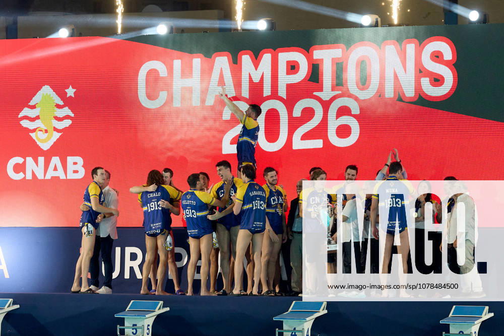 Zodiac CNAB players and staff react in celebration after winning the European Aquatics Mens Water polo, Wasserball Champions League gold‘medal match against Pro Recco at the National Pool, Tal‘Qroqq, Malta, on 13 June 2026. Zodiac CNAB v Pro Recco - Mens Water Polo Men Champions League 2026 Final; EA_CL_2026_MLT
