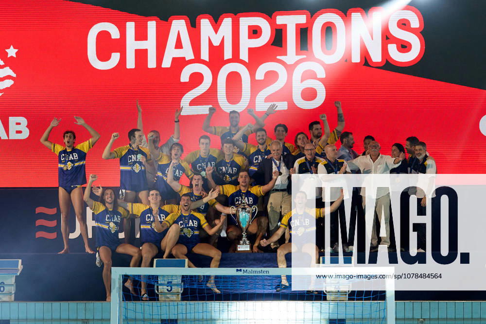 Zodiac CNAB players and staff react in celebration after winning the European Aquatics Mens Water polo, Wasserball Champions League gold‘medal match against Pro Recco at the National Pool, Tal‘Qroqq, Malta, on 13 June 2026. Zodiac CNAB v Pro Recco - Mens Water Polo Men Champions League 2026 Final; EA_CL_2026_MLT