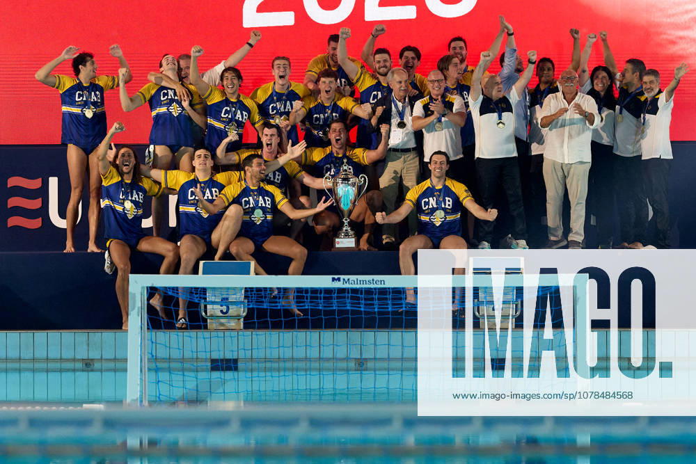 Zodiac CNAB players and staff react in celebration after winning the European Aquatics Mens Water polo, Wasserball Champions League gold‘medal match against Pro Recco at the National Pool, Tal‘Qroqq, Malta, on 13 June 2026. Zodiac CNAB v Pro Recco - Mens Water Polo Men Champions League 2026 Final; EA_CL_2026_MLT