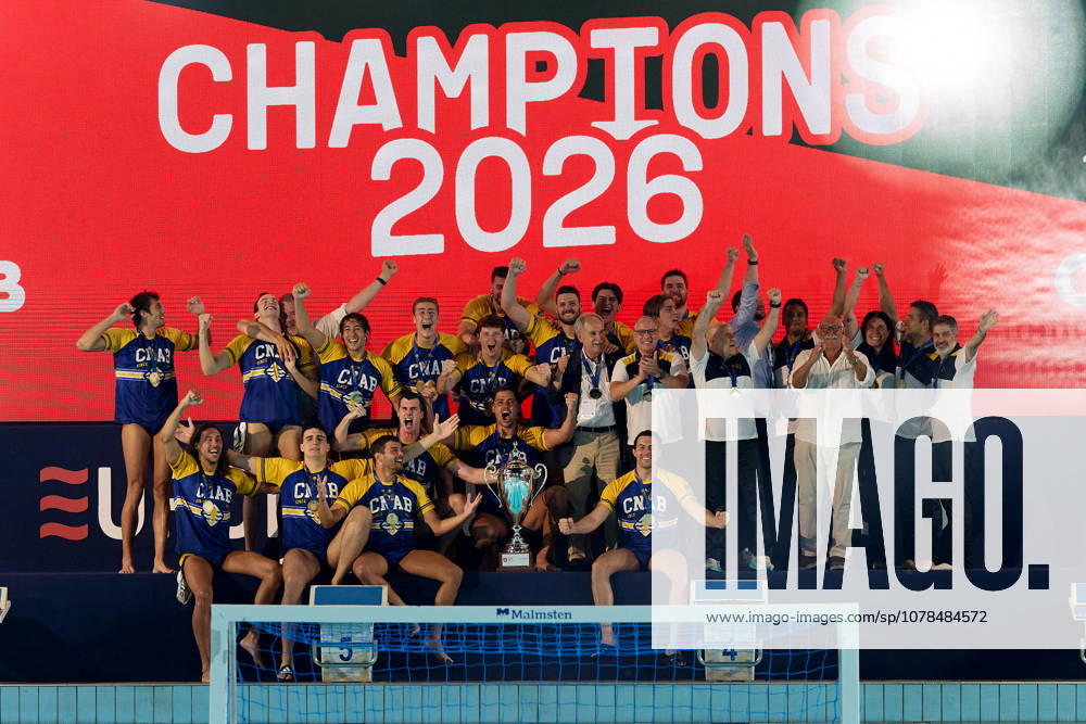 Zodiac CNAB players and staff react in celebration after winning the European Aquatics Mens Water polo, Wasserball Champions League gold‘medal match against Pro Recco at the National Pool, Tal‘Qroqq, Malta, on 13 June 2026. Zodiac CNAB v Pro Recco - Mens Water Polo Men Champions League 2026 Final; EA_CL_2026_MLT