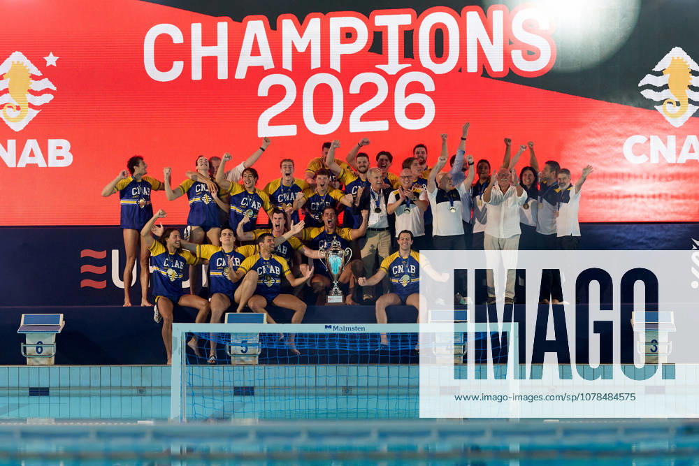 Zodiac CNAB players and staff react in celebration after winning the European Aquatics Mens Water polo, Wasserball Champions League gold‘medal match against Pro Recco at the National Pool, Tal‘Qroqq, Malta, on 13 June 2026. Zodiac CNAB v Pro Recco - Mens Water Polo Men Champions League 2026 Final; EA_CL_2026_MLT