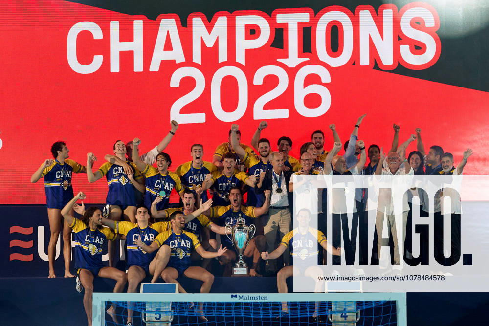Zodiac CNAB players and staff react in celebration after winning the European Aquatics Mens Water polo, Wasserball Champions League gold‘medal match against Pro Recco at the National Pool, Tal‘Qroqq, Malta, on 13 June 2026. Zodiac CNAB v Pro Recco - Mens Water Polo Men Champions League 2026 Final; EA_CL_2026_MLT