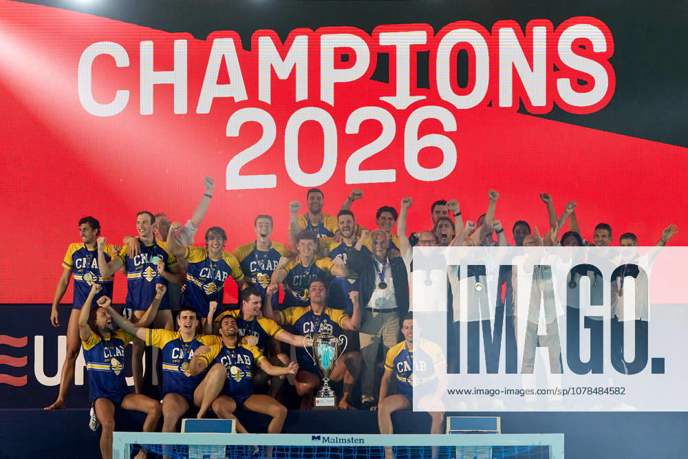 Zodiac CNAB players and staff react in celebration after winning the European Aquatics Mens Water polo, Wasserball Champions League gold‘medal match against Pro Recco at the National Pool, Tal‘Qroqq, Malta, on 13 June 2026. Zodiac CNAB v Pro Recco - Mens Water Polo Men Champions League 2026 Final; EA_CL_2026_MLT