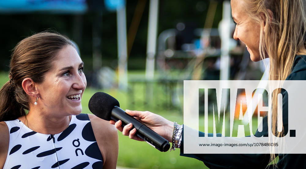 Merck Running Gala Pfungstadt, 13 06 2026 Interview with 1500m winner Gesa Felicitas Krause GER Silvesterlauf Trier with presenter Chantal Buschung Merck Running Gala on 13 06 2026 at the TSV Stadium in Pfungstadt Hesse