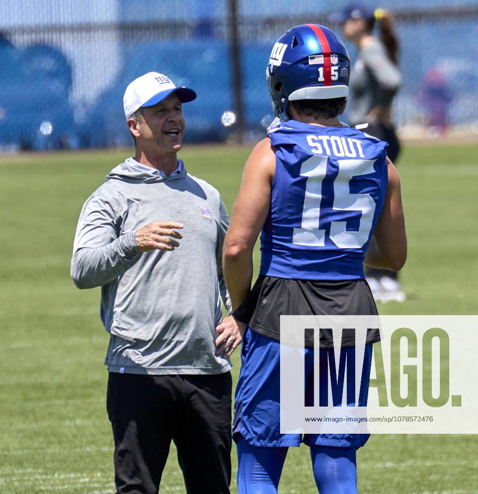 New York Giants head coach John Harbaugh and punter Jordan Stout (15) during minicamp held at the Quest Diagnostics Training Center in East Rutherford, New Jersey. CSM NFL, American Football Herren, USA 2026: NY Giants Minicamp June 09 - ZUMAc04_ 20260616_zma_c04_001