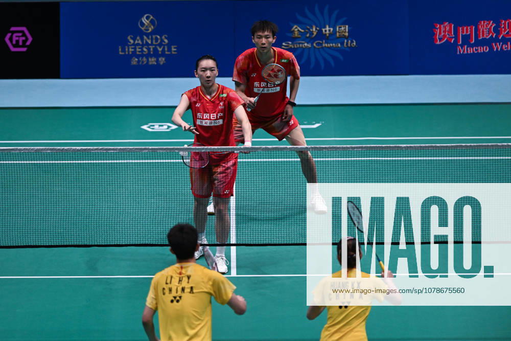 Jiang Zhenbang and Wei Yaxin of China compete in the Mixed Doubles Quarterfinal match against Li Hongyi and Huang Kexin of China on day 4 of Macao Open Badminton 2026 at Macao East Asian Games Dome on June 19, 2026 in Macau, China.