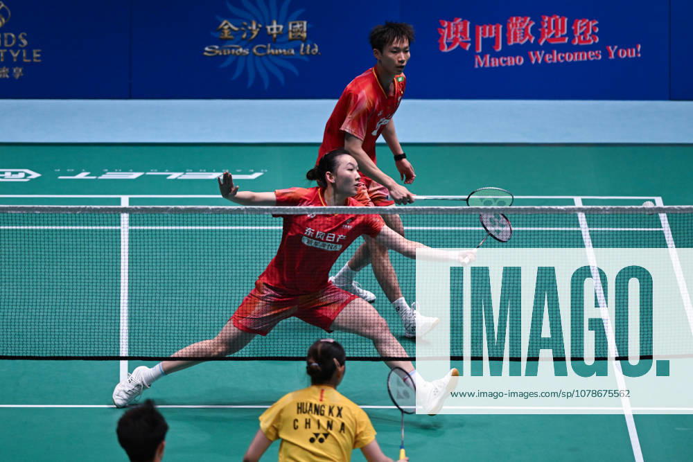 Jiang Zhenbang and Wei Yaxin of China compete in the Mixed Doubles Quarterfinal match against Li Hongyi and Huang Kexin of China on day 4 of Macao Open Badminton 2026 at Macao East Asian Games Dome on June 19, 2026 in Macau, China.