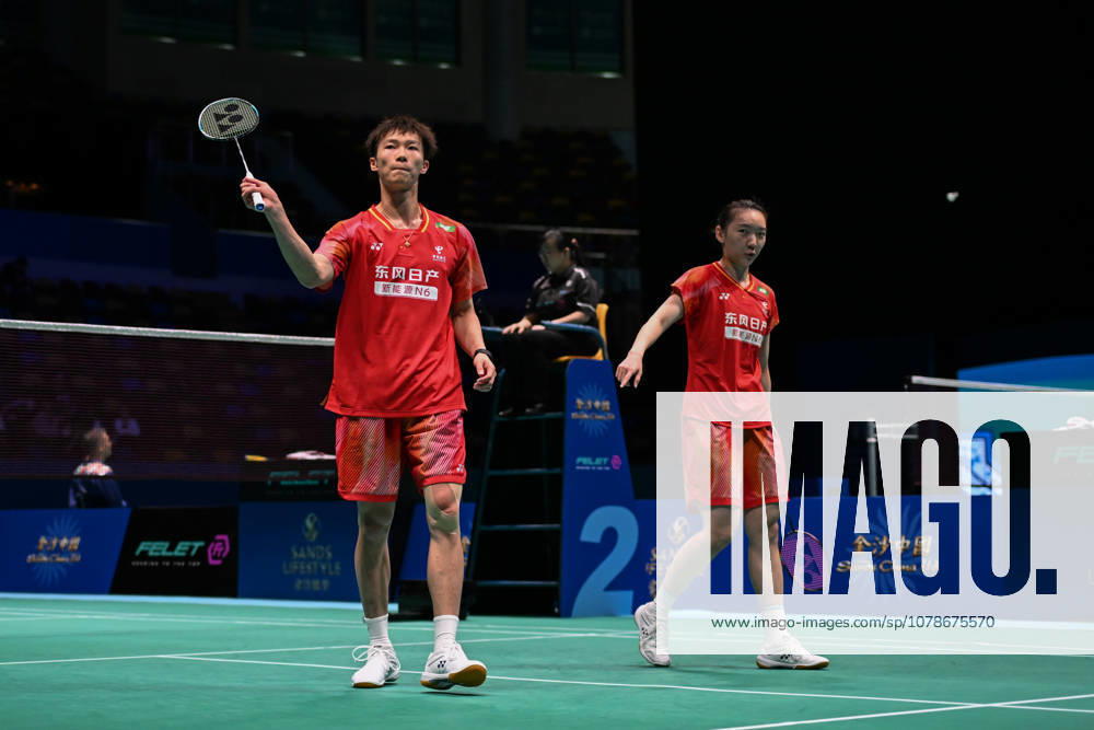 Jiang Zhenbang and Wei Yaxin of China react in the Mixed Doubles Quarterfinal match against Li Hongyi and Huang Kexin of China on day 4 of Macao Open Badminton 2026 at Macao East Asian Games Dome on June 19, 2026 in Macau, China.