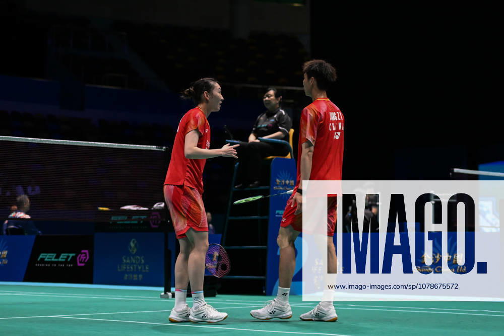 Jiang Zhenbang and Wei Yaxin of China react in the Mixed Doubles Quarterfinal match against Li Hongyi and Huang Kexin of China on day 4 of Macao Open Badminton 2026 at Macao East Asian Games Dome on June 19, 2026 in Macau, China.