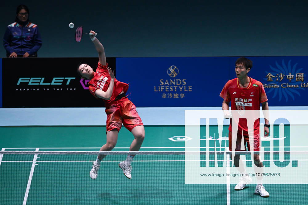 Jiang Zhenbang and Wei Yaxin of China compete in the Mixed Doubles Quarterfinal match against Li Hongyi and Huang Kexin of China on day 4 of Macao Open Badminton 2026 at Macao East Asian Games Dome on June 19, 2026 in Macau, China.