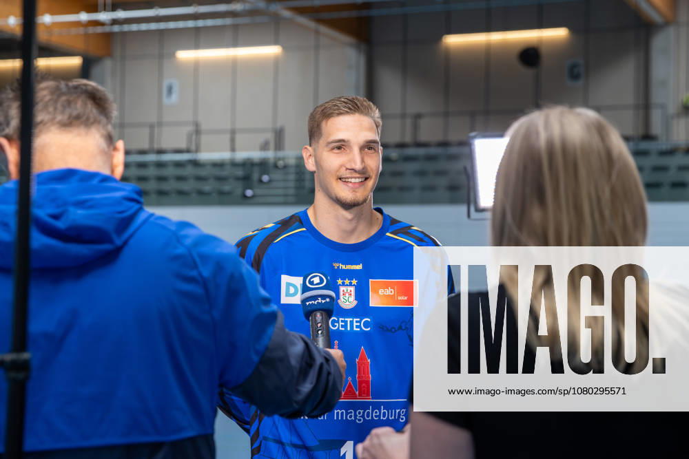 Opel HBL SC Magdeburg Handball Photo Op for the 2026–27 Season,, from left: Dominik Kuzmanovic, Magdeburg, 1 being interviewed, Magdeburg