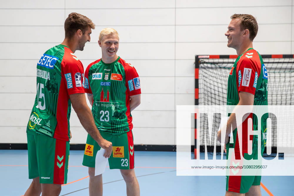 Opel HBL SC Magdeburg Handball Photo Op for the 2026–27 Season, from left: Antonio Serradilla (Magdeburg, 15), Magnus Saugstrup (Magdeburg, 23), Felix Claar (Magdeburg, 7), Magdeburg