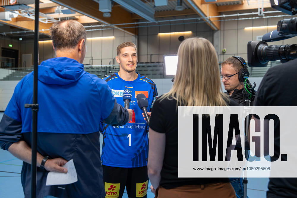 Opel HBL SC Magdeburg Handball Photo Op for the 2026–27 Season,, from left: Dominik Kuzmanovic, Magdeburg, 1 being interviewed, Magdeburg