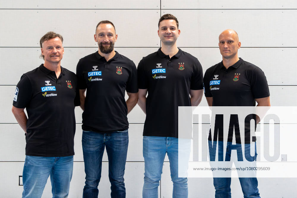 Opel HBL SC Magdeburg Handball Photo Op for the 2026–27 Season,, from left: Physical Therapist Matthias Friedrich, Steffen Mantai, Philip Zachert, Athletic Trainer Daniel Müller, Magdeburg
