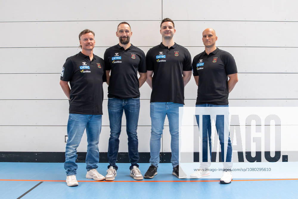 Opel HBL SC Magdeburg Handball Photo Op for the 2026–27 Season,, from left: Physical Therapist Matthias Friedrich, Steffen Mantai, Philip Zachert, Athletic Trainer Daniel Müller, Magdeburg