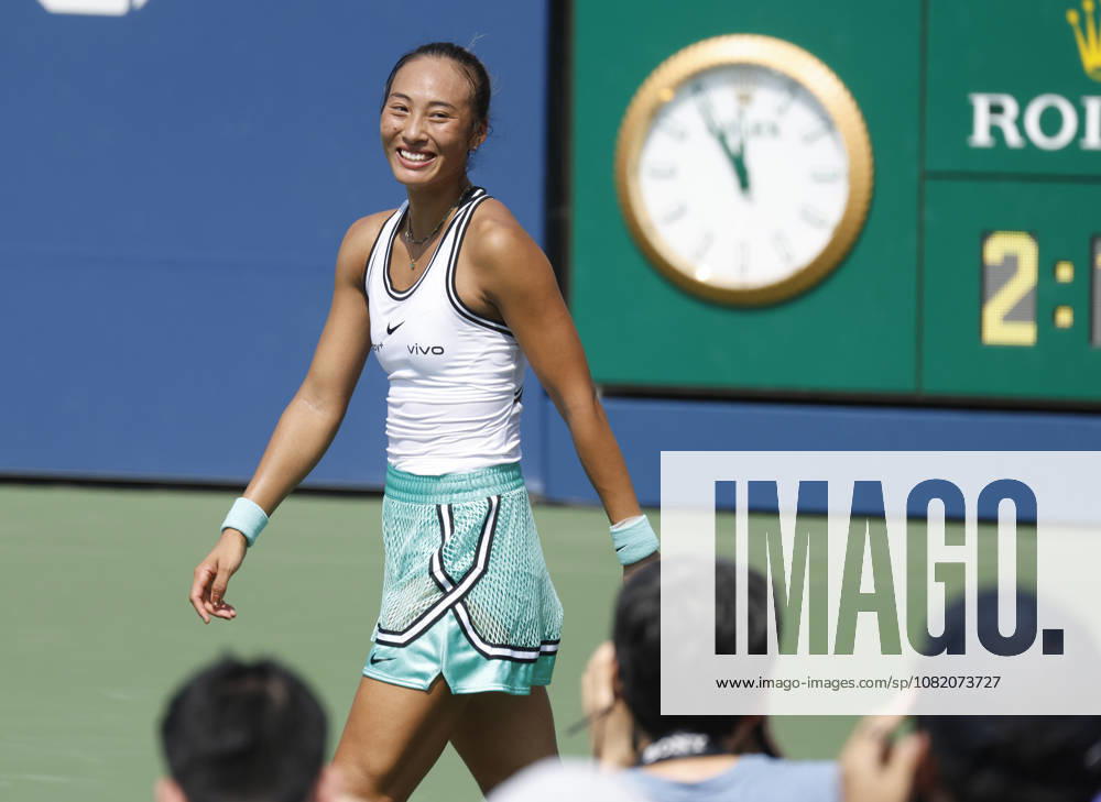 Qinwen Zheng of China celebrates after match point defeating Elena Pridankina in straight sets in their qualifying final match at the 2026 US Open Tennis Championship at the USTA Billie Jean King National Tennis Center in New York City on Friday, August 28, 2026. NYP20260828121 JOHNxANGELILLO