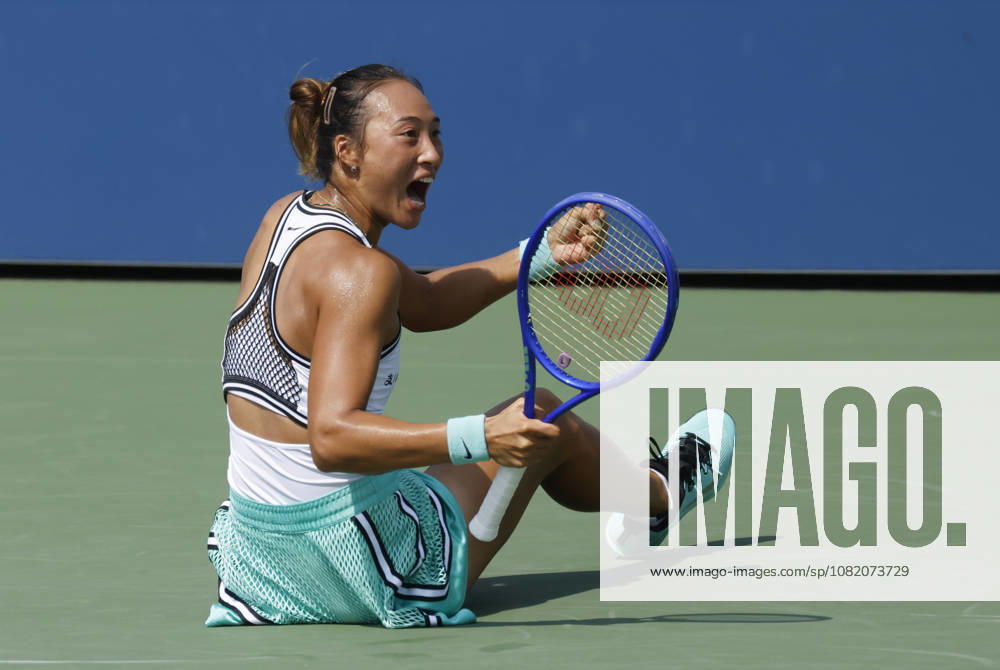 Qinwen Zheng of China celebrates after match point defeating Elena Pridankina in straight sets in their qualifying final match at the 2026 US Open Tennis Championship at the USTA Billie Jean King National Tennis Center in New York City on Friday, August 28, 2026. NYP20260828123 JOHNxANGELILLO