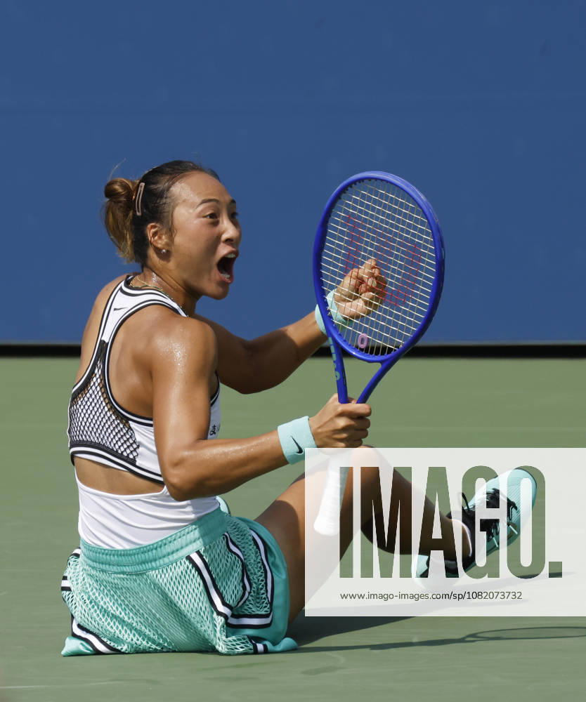 Qinwen Zheng of China celebrates after match point defeating Elena Pridankina in straight sets in their qualifying final at the 2026 US Open Tennis Championship at the USTA Billie Jean King National Tennis Center in New York City on Friday, August 28, 2026. NYP20260828124 JOHNxANGELILLO