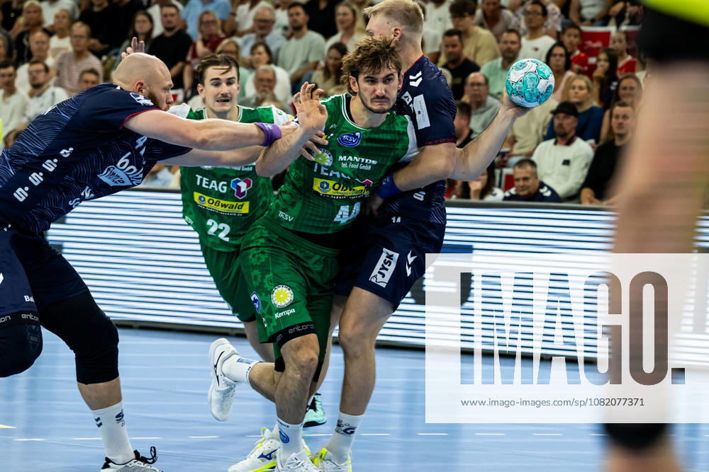 Opel HBL SG Flensburg Handewitt vs. ThSV Eisenach, August 28, 2026: Stephan Seitz, No. 44, of ThSV Eisenach on the attack. Opel HBL SG Flensburg Handewitt vs. ThSV Eisenach, GGW Arena