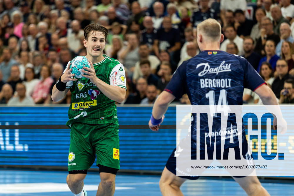 Opel HBL SG Flensburg Handewitt vs. ThSV Eisenach, August 28, 2026, Felix Aellen No. 22, ThSV Eisenach vs. Emil Siersbaek Bergholt No. 14, SG Flensburg Handewitt Opel HBL SG Flensburg Handewitt vs. ThSV Eisenach, GGW Arena on August 28, 2026