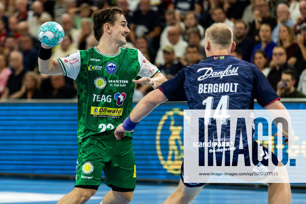 Opel HBL SG Flensburg Handewitt vs. ThSV Eisenach, August 28, 2026, Felix Aellen 22, ThSV Eisenach vs. Emil Siersbaek Bergholt No. 14, SG Flensburg Handewitt Opel HBL SG Flensburg Handewitt vs. ThSV Eisenach, GGW Arena on August 28, 2026