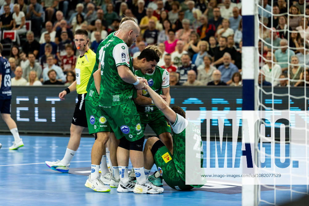 Opel HBL SG Flensburg Handewitt vs. ThSV Eisenach, August 28, 2026: Felix Aellen (No. 22), ThSV Eisenach on the floor; Opel HBL SG Flensburg Handewitt vs. ThSV Eisenach, GGW Arena