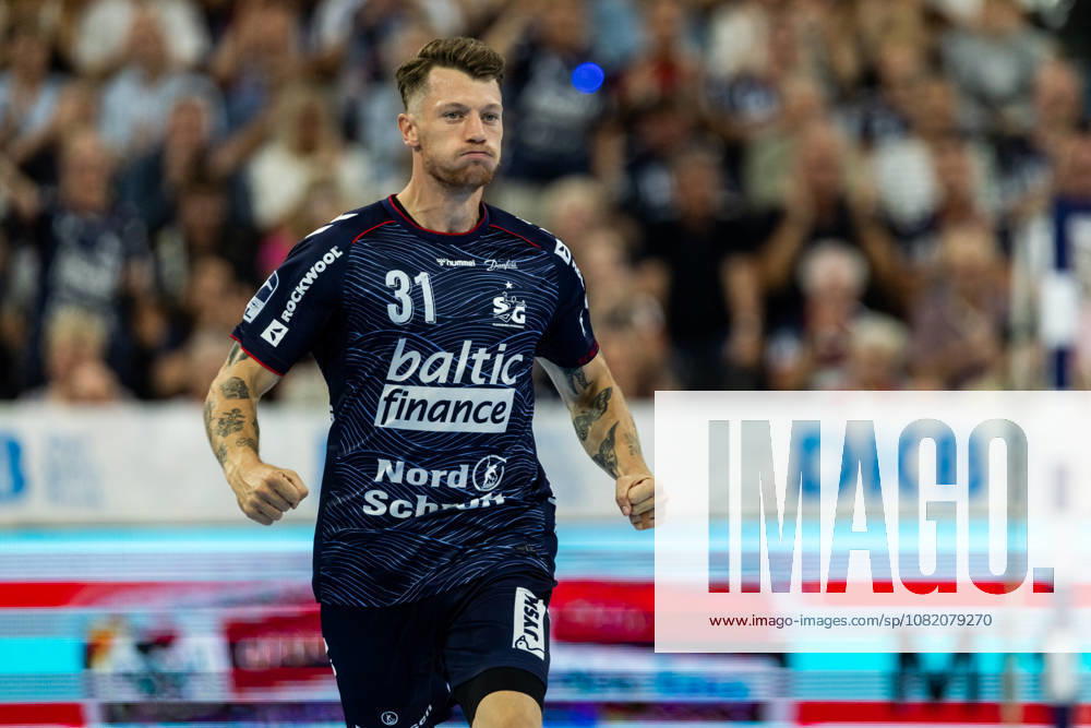 Opel HBL SG Flensburg Handewitt vs. ThSV Eisenach, August 28, 2026—Emil Jakobsen (No. 31) celebrates a goal; SG Flensburg Handewitt vs. ThSV Eisenach, GGW Arena